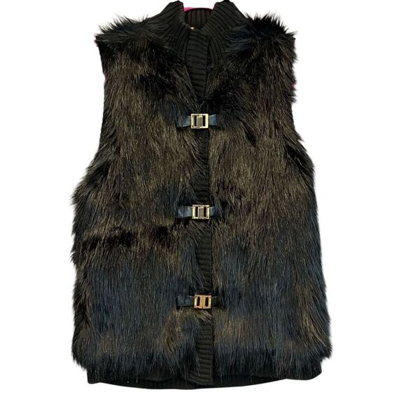 CALVIN KLEIN Women’s Faux Fur Sweater Vest Buckle Front Black Sz Small festival - Picture 2 of 15